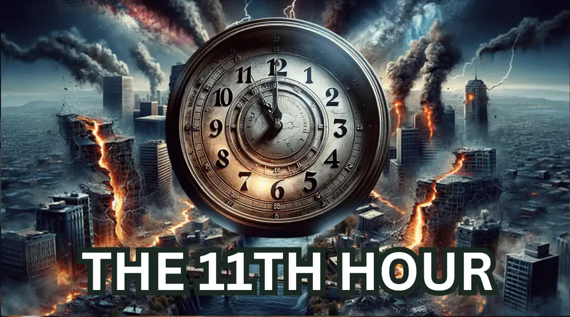 It's The 11th Hour! a city broken and in ruins with buildings on fires and smoking. A clock in the center suggesting time is ticking and to join us at the 11th hour.