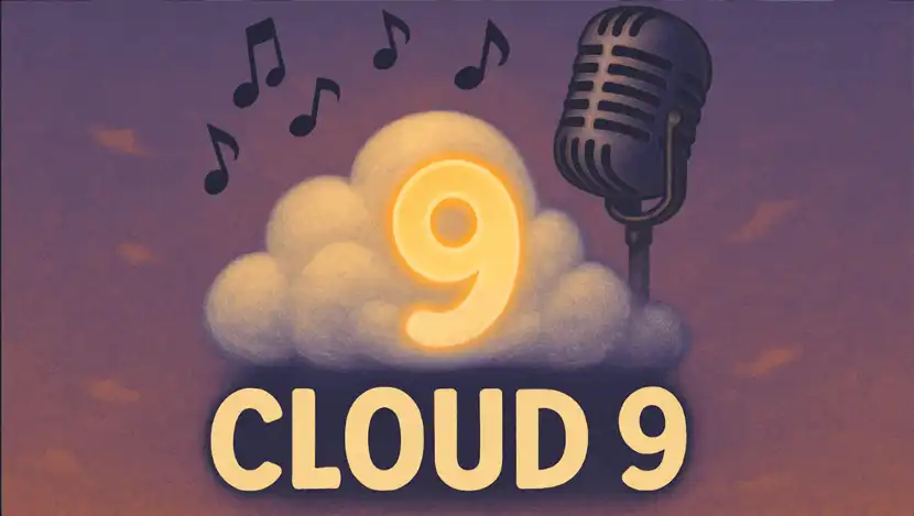 Cloud 9 Special Guests Purple background with a cloud in the center, musical notes above it, has a microphone to the right, and has the word Cloud 9 written at the bottom.